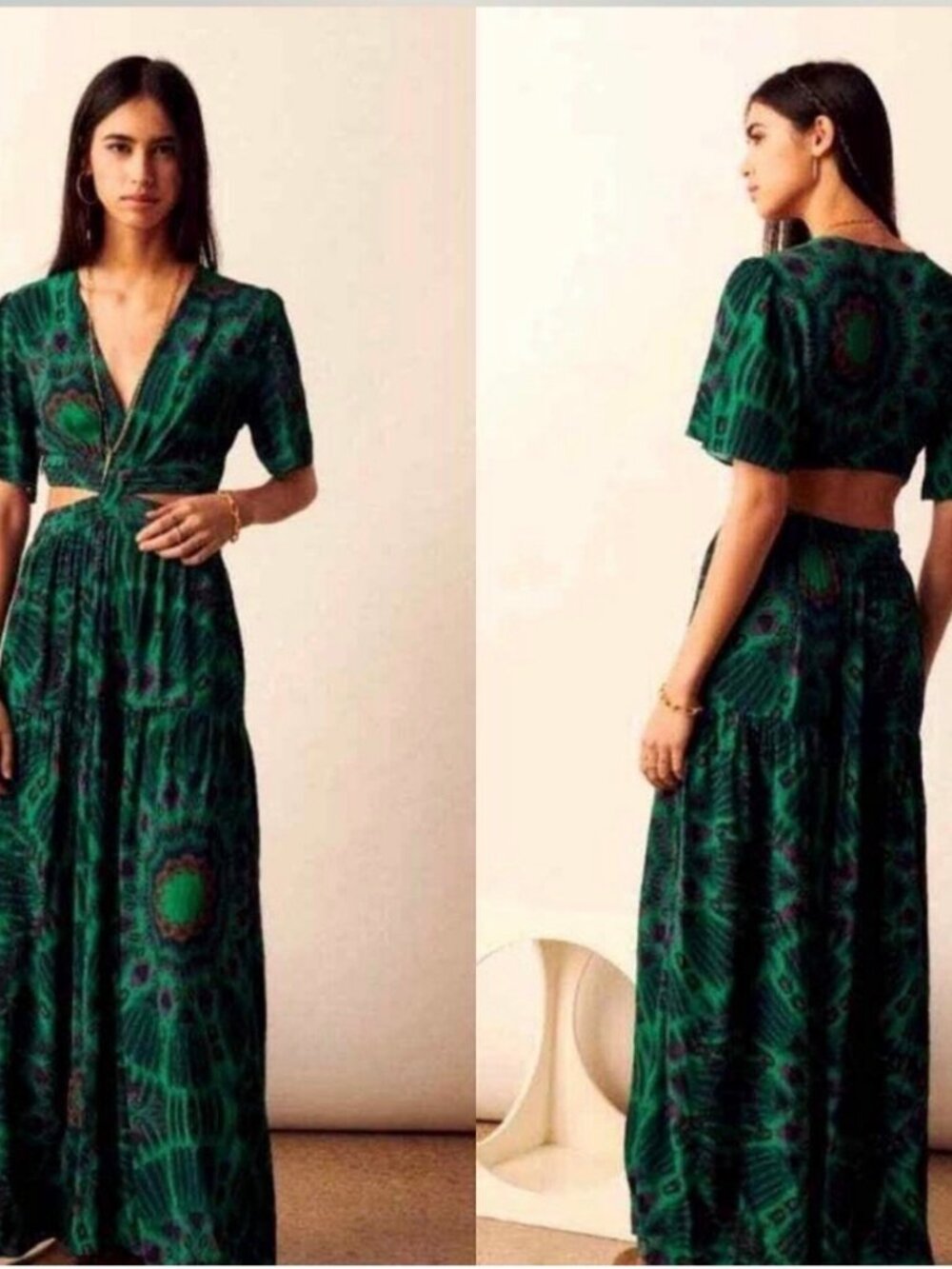 ba&sh Green Black Cut Out Tiered Maxi Dress Size 2